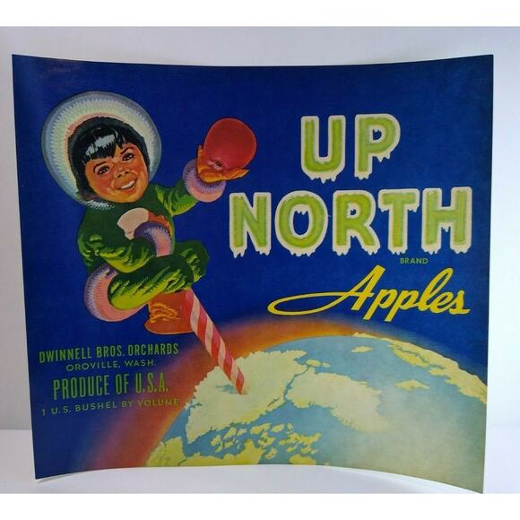 Up North Apples Crate Label Child Climbs The North Pole Original Vintage 1950's - Picture 2 of 4